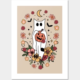 Cottagecore Boho Hippie Ghost Cat with Flowers Posters and Art